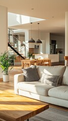 Bright and modern living room with cozy sofa, dining area, and natural light highlighting stylish decor and greenery.