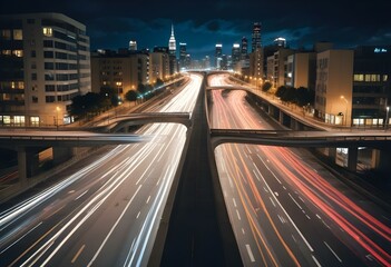 Naklejka premium Long exposure of a busy highway at night with blurred car lights creating a swirling pattern
