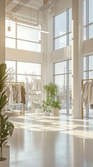 Bright and modern retail space with natural light, showcasing stylish clothing and green plants for a fresh atmosphere.