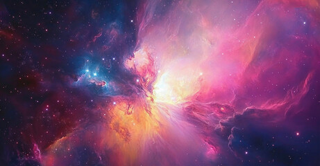 Fototapeta premium A beautiful nebula with stars and galaxies in the background, with copy space on one side. A colorful galaxy with pink, purple, blue, red, and orange colors. 