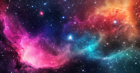 Fototapeta premium A beautiful nebula with stars and galaxies in the background, with copy space on one side. A colorful galaxy with pink, purple, blue, red, and orange colors. 