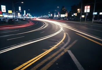 Long exposure of a busy highway at night with blurred car lights creating a swirling pattern