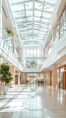 Bright and spacious interior of a modern building featuring glass architecture, greenery, and clean design elements.