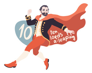 Ten lords a-leaping. The twelve days of Christmas. English Christmas carol. Tenth day. Vector isolated illustration