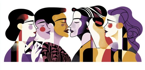 An abstract art graphic illustration featuring ten different people. A large group of people sketching graffiti.