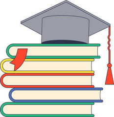 A graduation cap placed above a series of books symbolizes academic achievement and the culmination of educational efforts.