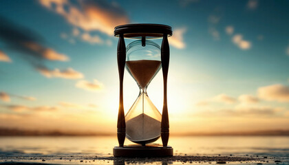 Sandglass. Vintage hourglass at sunset