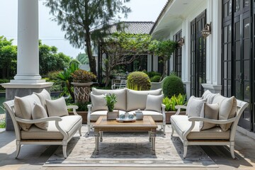 Obraz premium American Style Patio with 4-Piece Outdoor Furniture Set, White Metal Frame, Light Wood Accents, Large Garden Area, Comfortable Seating for Backyard or Terrace