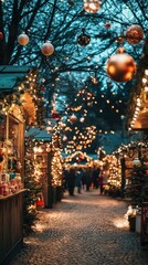 Obraz premium Charming night scene of a festive market, adorned with glowing lights, colorful ornaments, and a cozy atmosphere during the holiday season.