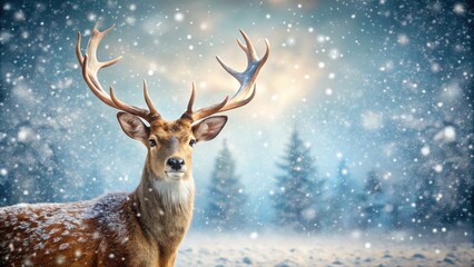  An elegant deer standing in a snowy landscape, with softly falling snowflakes, creating a serene and peaceful winter scene.
