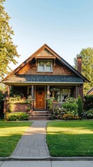 Charming suburban house with a lush garden, inviting porch, and clear blue sky, perfect for real estate or home improvement themes.