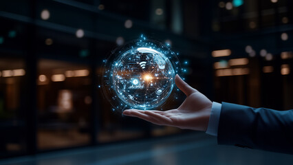 Fototapeta premium Touching the Digital World, Global Connectivity in Your Hand, data analysis, management, and global communication