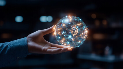 Fototapeta premium Touching the Digital World, Global Connectivity in Your Hand, data analysis, management, and global communication