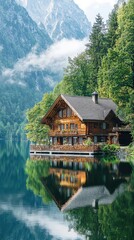 Fototapeta premium Charming wooden house beside a serene lake, surrounded by lush greenery and majestic mountains under a clear blue sky.