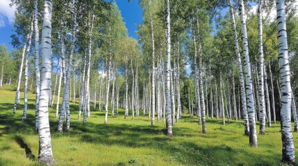 Obraz premium Serene Grove of Birch Trees Under Blue Sky