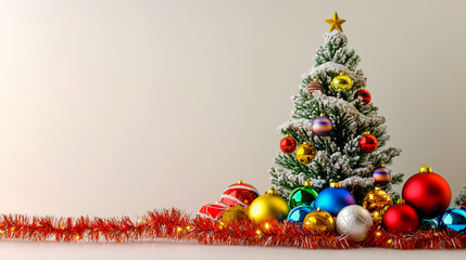 Christmas tree and decorations, set against a white background.