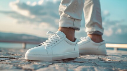 A man wearing white shoes and white pants stands on a stone walkway