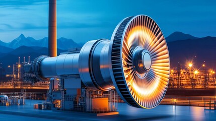 Obraz premium High-tech turbine in operation inside a power plant, sharp metallic surfaces, clean environment, large windows with a breathtaking view of mountains