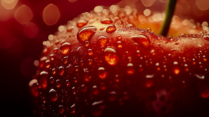 A macro shot of a fresh cherry with dew drops on its surface, showcasing its vibrant red color and glossy texture.