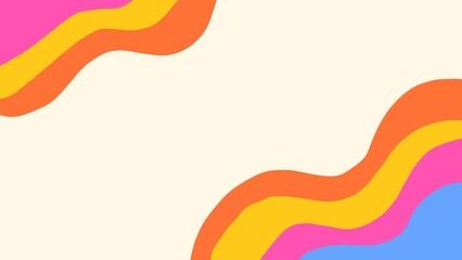 This abstract artwork features flowing, wavy stripes of vibrant pink, orange, yellow, and blue against a light background, creating a dynamic, retro-inspired, and colorful visual
