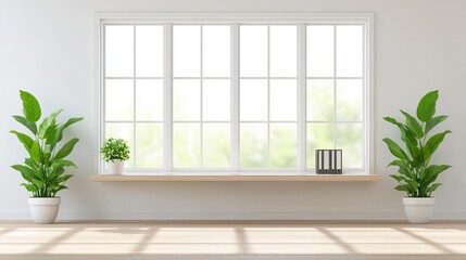 Home Office with Greenery around a simple desk, sunlight illuminating the room through large windows, offering a calm, natural environment for productivity