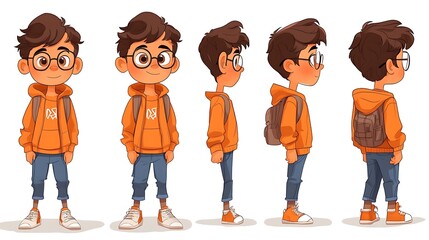 Cartoon boy character design sprite sheet. Front, side, back, and profile views of cute kid wearing glasses and backpack