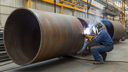 Welder working on large metal pipes in an industrial facility, showcasing skilled craftsmanship and precision in construction.