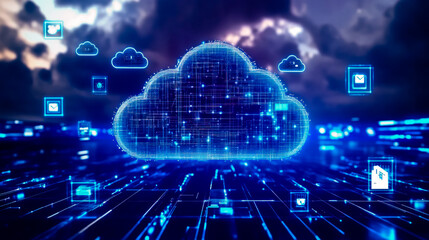 Cloud resources, with digital clouds made of abstract shapes floating against a sleek, futuristic background.