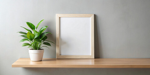 Minimalist home decor with white frame mockup on a white shelf against a white wall.