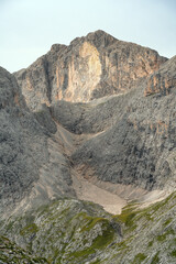 Alpine landscape from Rosengarten Catinaccio massif, Dolomites, Italy. Spectacular view in the Dolomites mountains, Alto Adige, South Tyrol, Italy, Europe