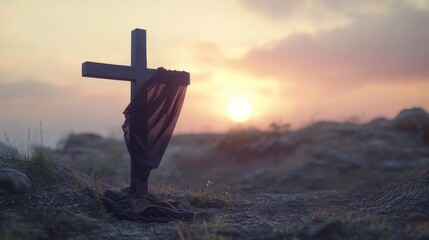 A symbolic image of the cross draped in black cloth on Good Friday, with a soft sunset in the background, reflecting the sacrifice of Christ.