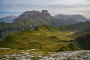 Rosengarten Catinaccio massif, Dolomites. Spectacular view of Dolomites mountains, Antermoia, Alto...