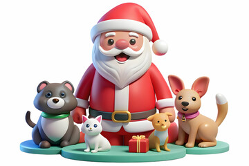 Flat Santa Surrounded by Joyful Pets: Playful Holiday Interactions in a Bright Glossy Setting - Perfect for Festive Greetings!