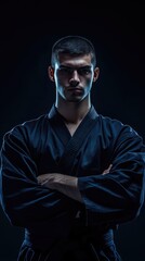Obraz premium Confident martial artist in a black uniform, standing strong with arms crossed, showcasing determination and discipline.