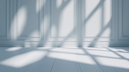 An empty room is showcased with a pristine white paneled wall, exhibiting classic Victorian interior design. The warm wooden flooring enhances the elegant ambiance