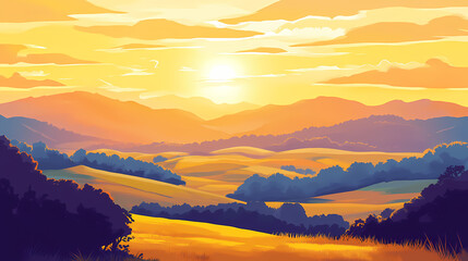 Obraz premium Breathtaking sunrise over tranquil countryside landscape, golden light illuminating rolling hills and meadows. Rolling Meadows. Illustration