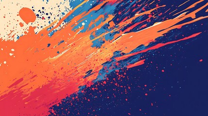 Abstract background with orange, blue, and red paint splatters on a dark blue background.
