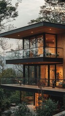 Contemporary wooden house with glass balcony surrounded by nature, perfect for modern living and relaxation in a tranquil setting.