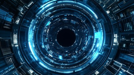 Obraz premium This is a 3D rendering of an abstract technology background with a glowing sci-fi circle circuit hud on a blue dotted data and microchip background.