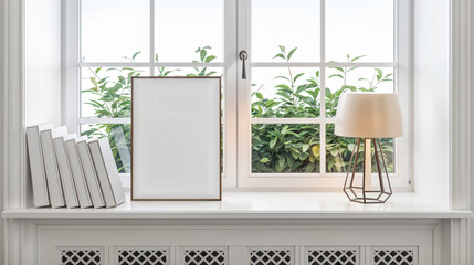 blank wooden picture frame sitting on a white shelf - mockup template No.011