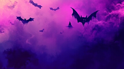 Purple and blue abstract background with bats flying through a smoky sky.