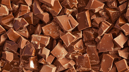 a close-up, top-down view of diced milk chocolate with nuts spread across the entire frame, filling the image with its creamy brown color and crunchy texture in irregular pieces