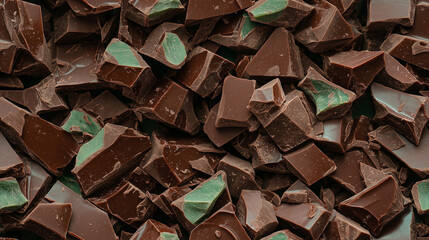 a close-up, top-down view of diced mint chocolate pieces spread across the entire frame, filling the image with its bright greenish-brown color and smooth texture in irregular pieces