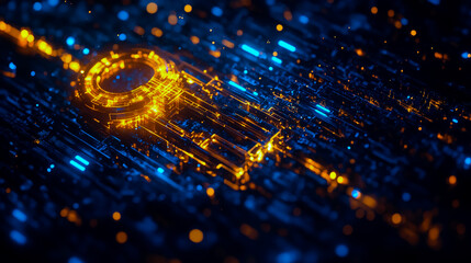 Digital blockchain key, designed with intricate details and glowing elements, set against a dark background.