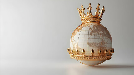 3D Globe and Crown Icon Over White Background: Symbolizing Global Leadership and Authority in Business for Infographics and Presentations