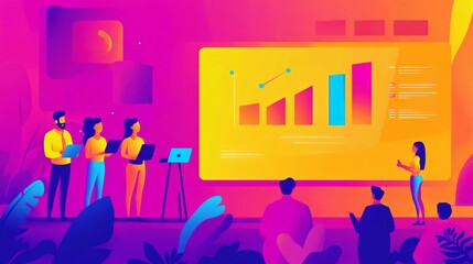 Vibrant Business Presentation with Graph and Audience