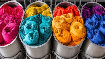 Vibrant rolls of dyed fabric in metal containers, showcasing a spectrum of colors for textile and fashion purposes.