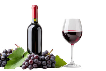 Obraz premium Composition of a bottle of wine, a glass of wine standing next to it and a lying branch of grapes on a transparent background