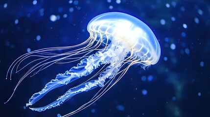 A transparent white jellyfish gracefully floats in a deep blue ocean, glowing with ethereal bioluminescence. Its delicate tentacles sway, creating a surreal marine scene.