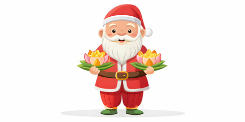Flat Santa Holding a Glowing Krathong Adorned with Flowers - Serene Holiday Scene with Ample Copy Space for Greeting Cards in Simple Vector Illustration